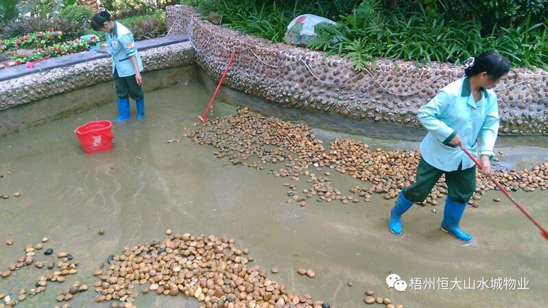 保洁团队边用刷子清洗边用扫把扫淤泥